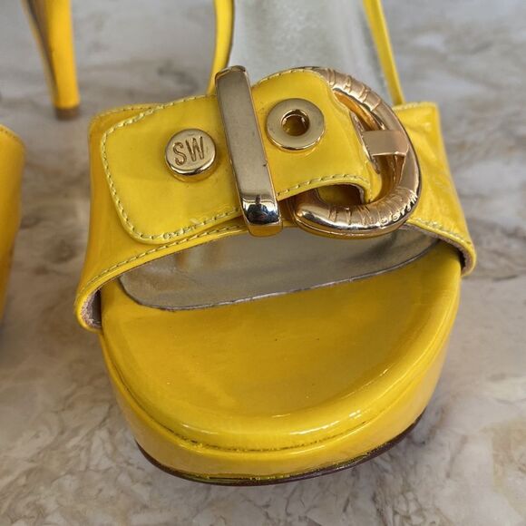 Stuart Weitzman Miss Jane Yellow Patent Leather Platform High Heel Sandals - Picture 5 of 14